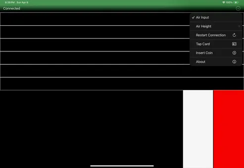 The menu open, with Air Input, Air Height, Restart Connection, Tap Card and Insert Coin