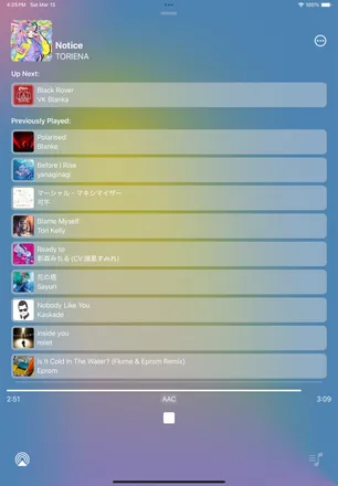 Now playing queue on iPad with recently played tracks