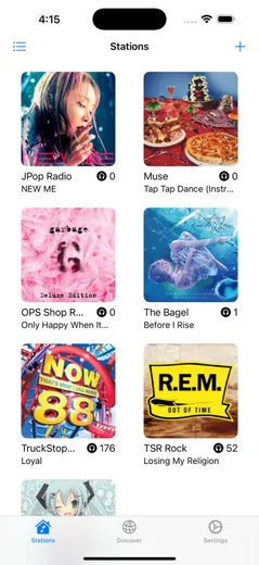 Stations tab showing a grid of saved stations with album artwork and listener counts