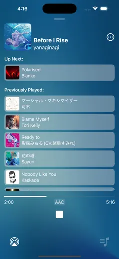 Now playing screen with the up next track and recently played history