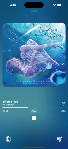 Full-screen now playing view with large album artwork and playback controls