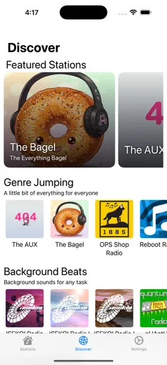 Discover tab with featured stations and genre rows