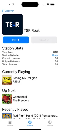 Station page with listener stats, the current track and up next